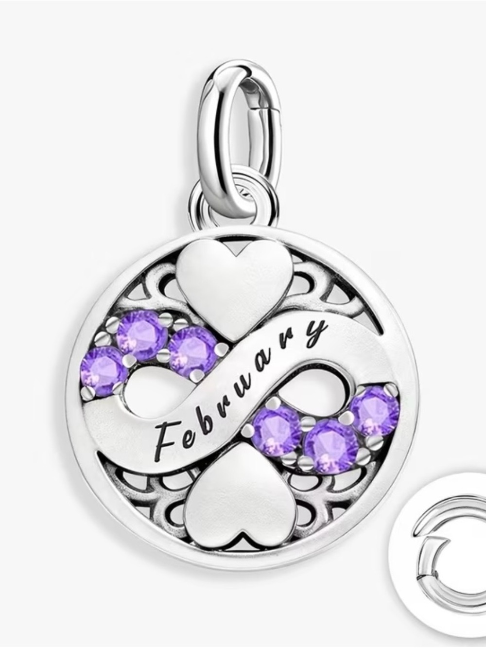 February Birthstone Infinity Pendant Charm. Sterling Silver